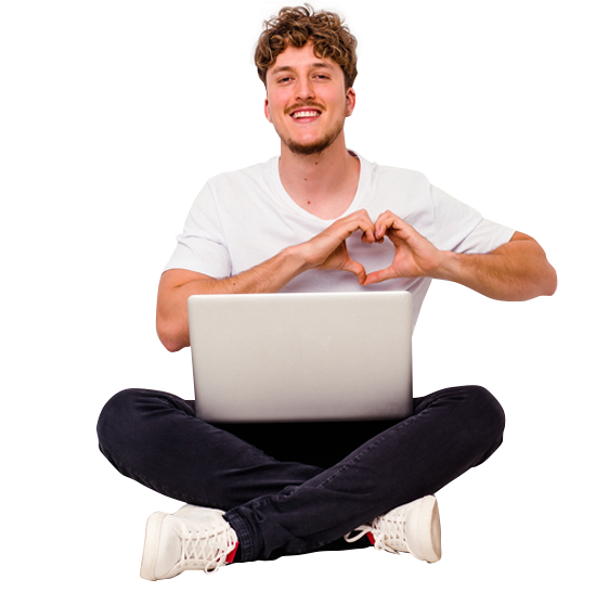 Young Man with Computer and Making Heart with Hands